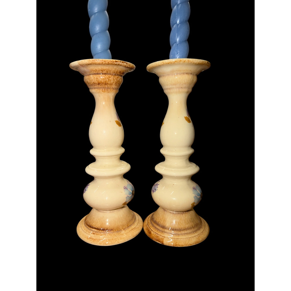 Vintage Floral Ceramic Candlestick Holders Pair 8 Inch with Blue Taper Candles