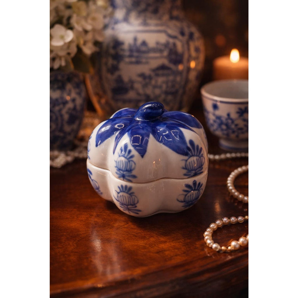 Vintage Blue White Porcelain Pumpkin Trinket Box Small Jewelry Box China