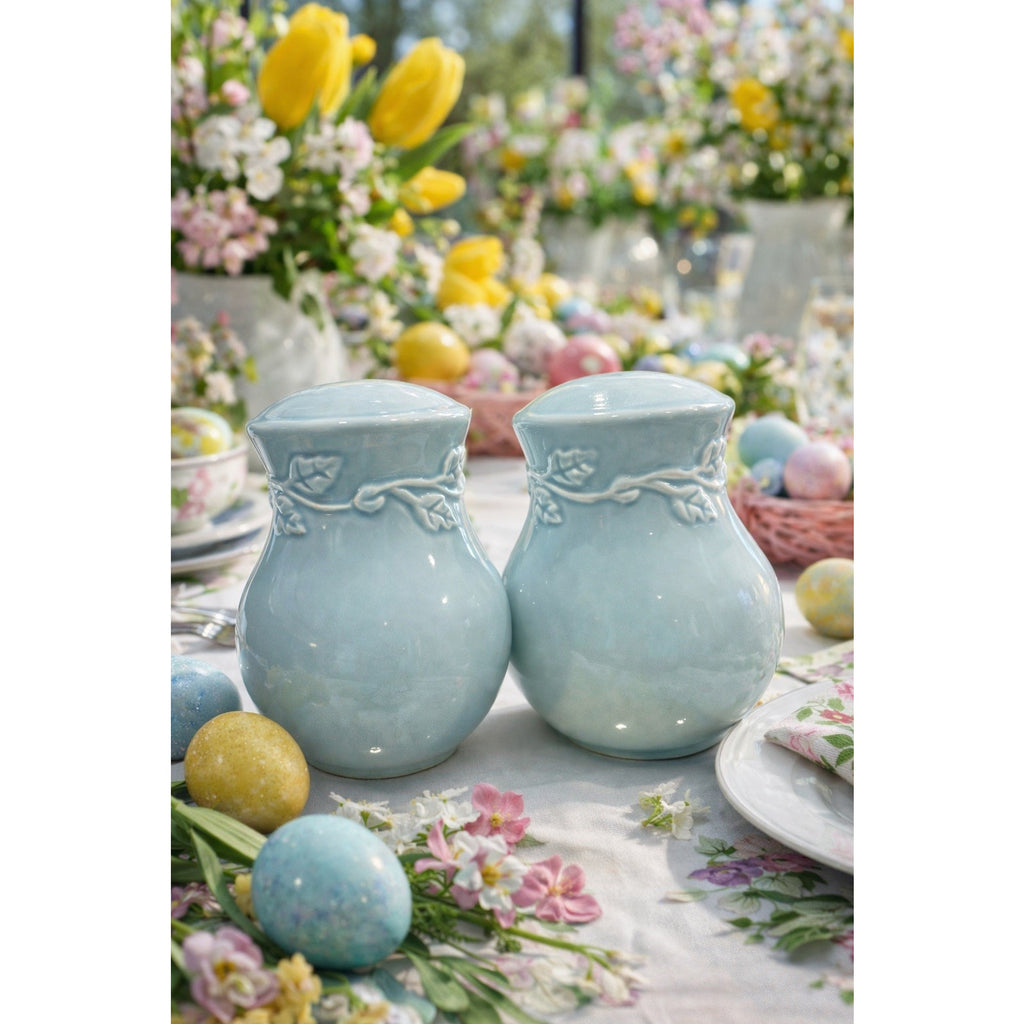 Vintage Enesco CountryGate Salt Pepper Shakers Blue Ceramic Ivy Pair