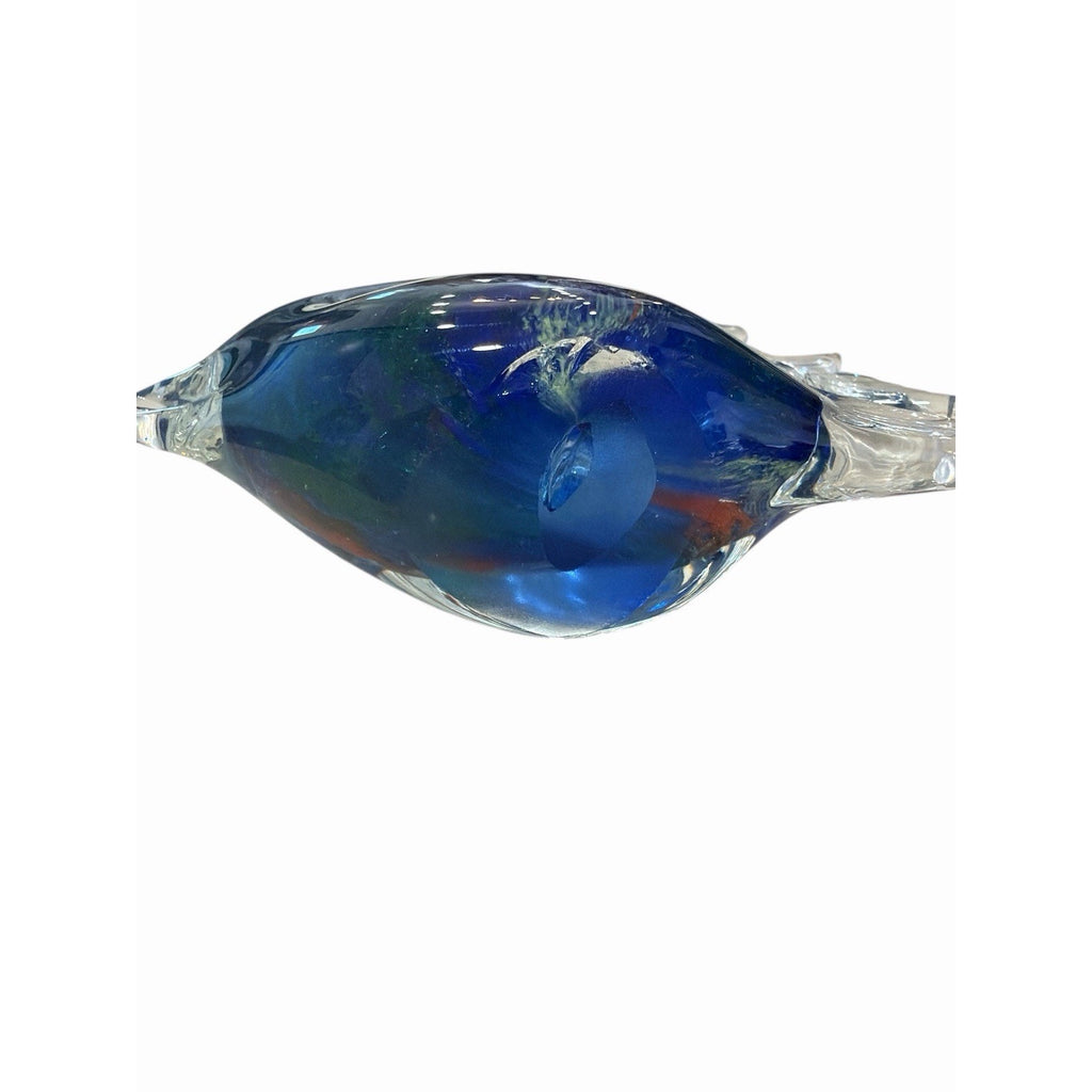 Hand Blown Art Glass Fish Paperweight Blue Swirl Clear Nautical Coastal Decor 7”