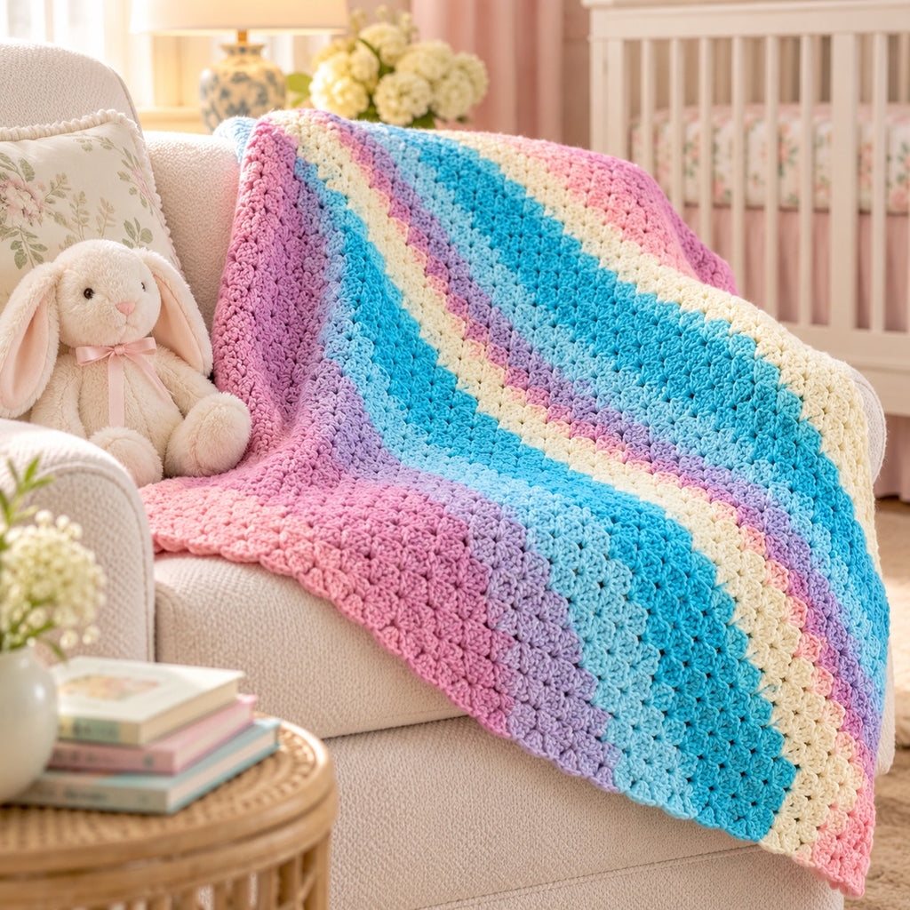 Handmade Crochet Baby Blanket 35" Pastel Rainbow Baby Waves Afghan
