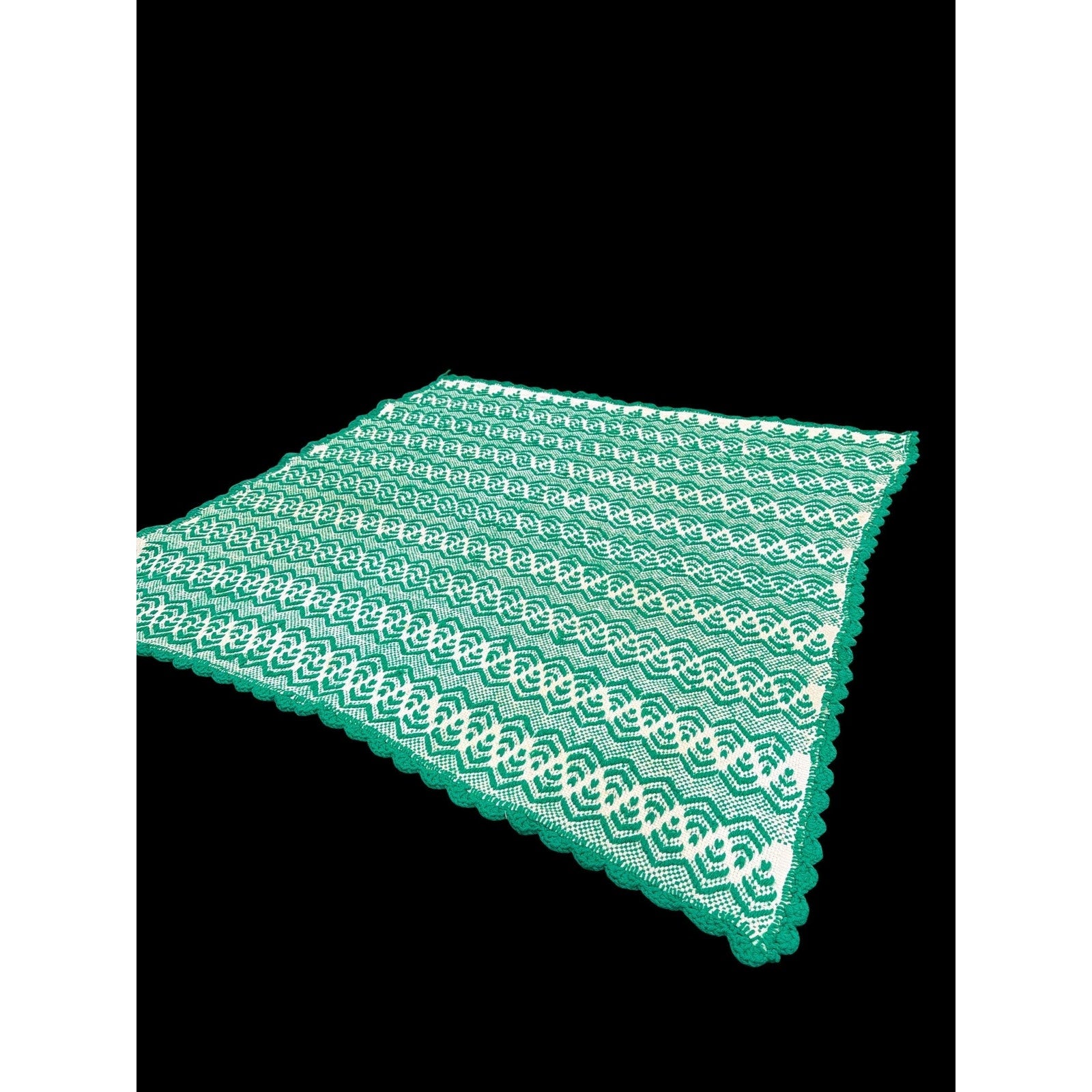 Vintage Handwoven Green White Coverlet Throw Blanket 65x65 Handmade Woven Textile Farmhouse Cottage Christmas Decor