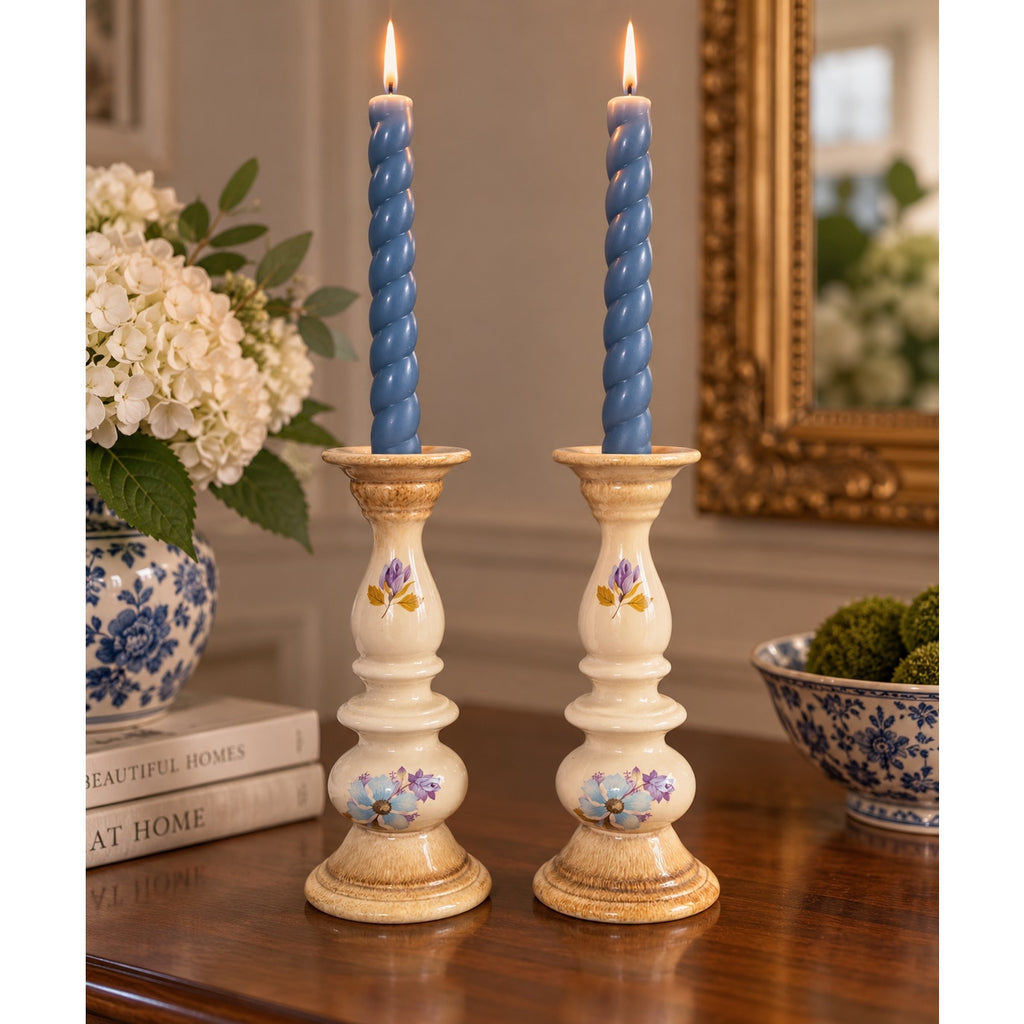 Vintage Floral Ceramic Candlestick Holders Pair 8 Inch with Blue Taper Candles