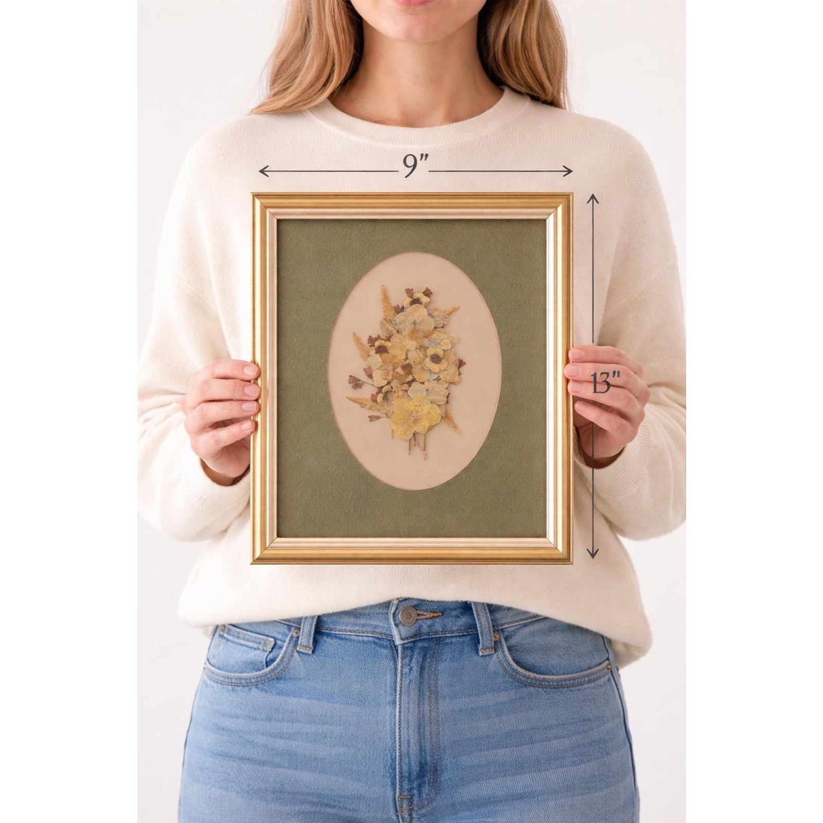 Vintage Pressed Flower Art Framed Botanical Wall Decor, Oval Mat, Gold Frame