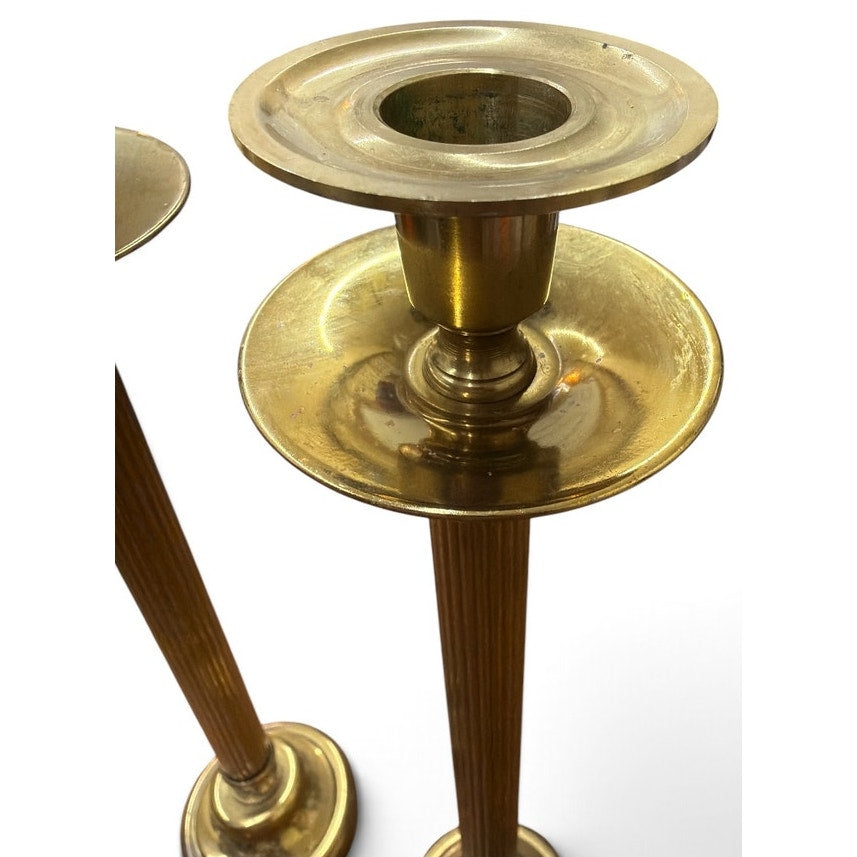 Vintage Solid Brass Candlesticks Pair 14” Tall Fluted Column Taper Holders