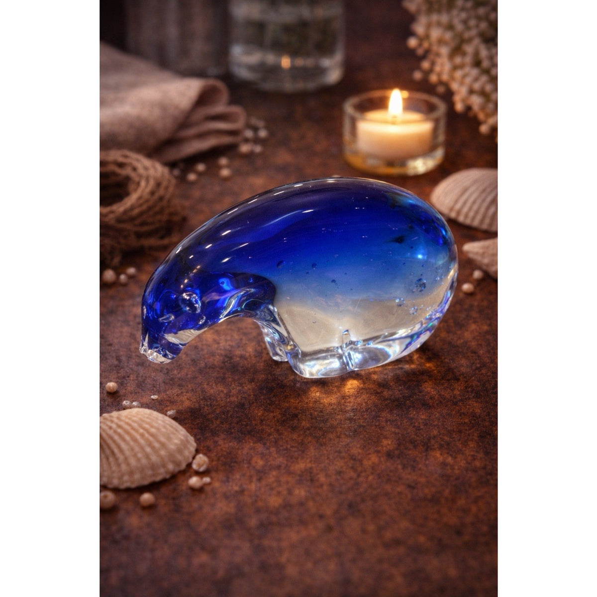 Hand Blown Blue & Clear Glass Polar Bear Paperweight / Murano Style 4 1/2" x 3"