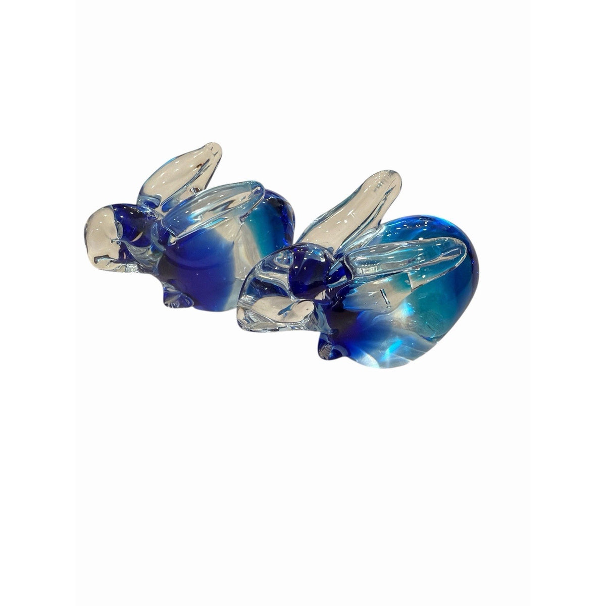 Blue Art Glass Bunny Rabbit Paperweight Pair 4” & 3” Hand Blown Figurines