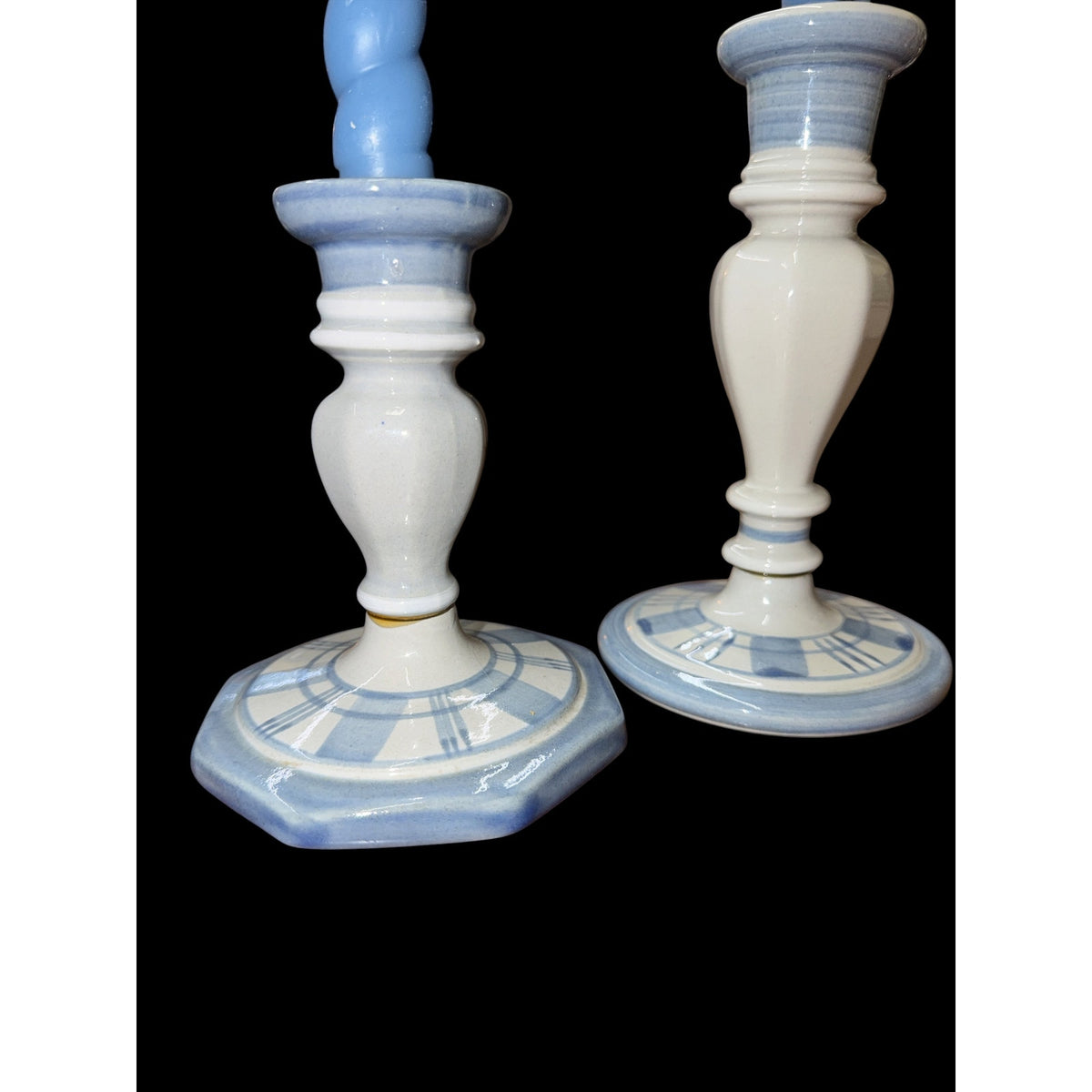 Vintage Louisville Stoneware Candlesticks Blue White Set with Twisted Tapers