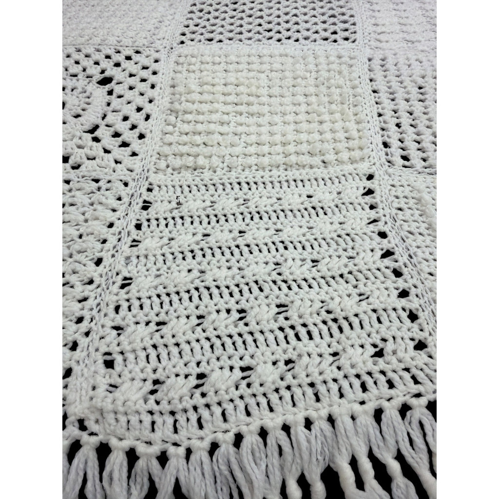Handmade Crochet Sampler Afghan Winter White Textured Fringe 45 x 64 – additional view 8