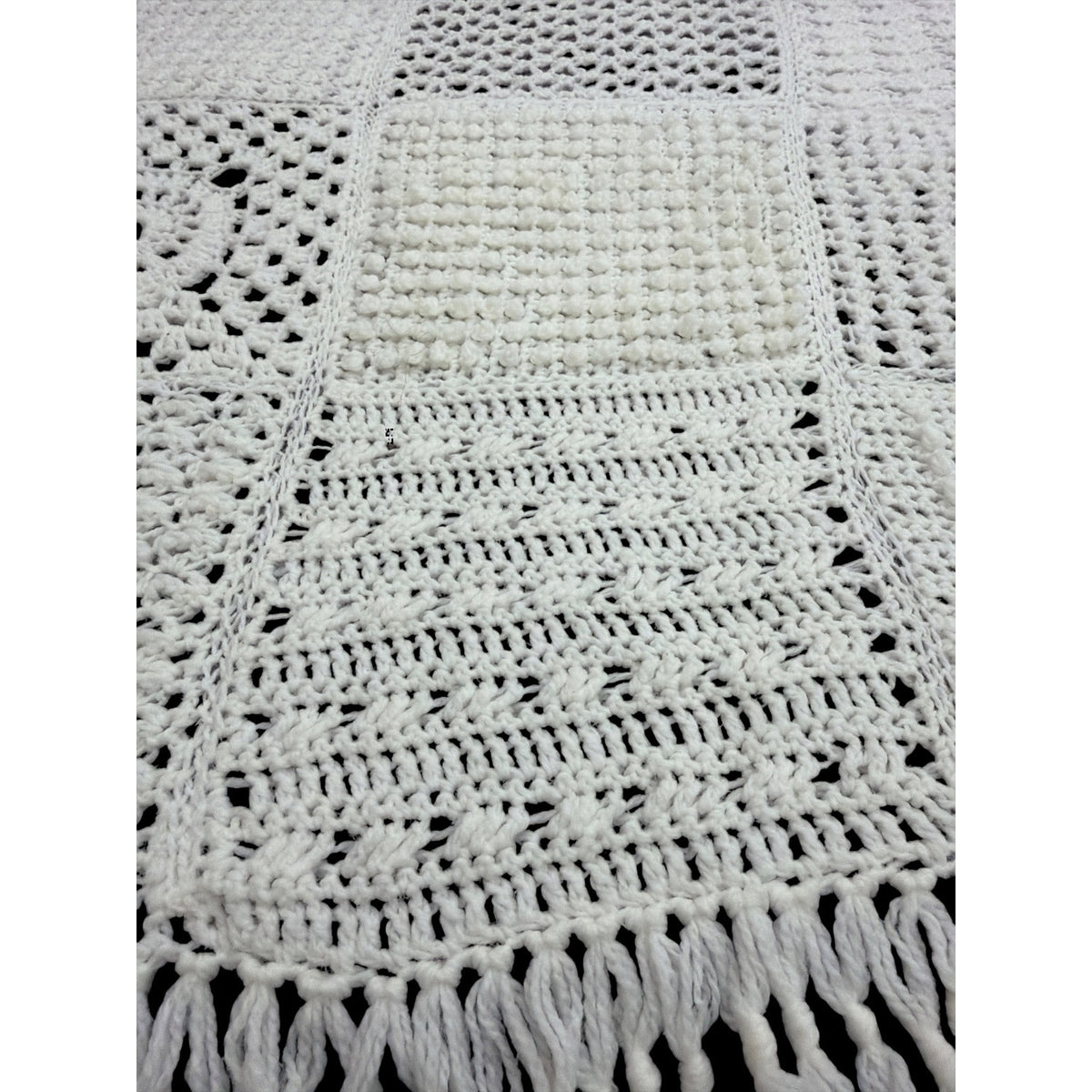 Handmade Crochet Sampler Afghan Winter White Textured Fringe 45 x 64 – additional view 8
