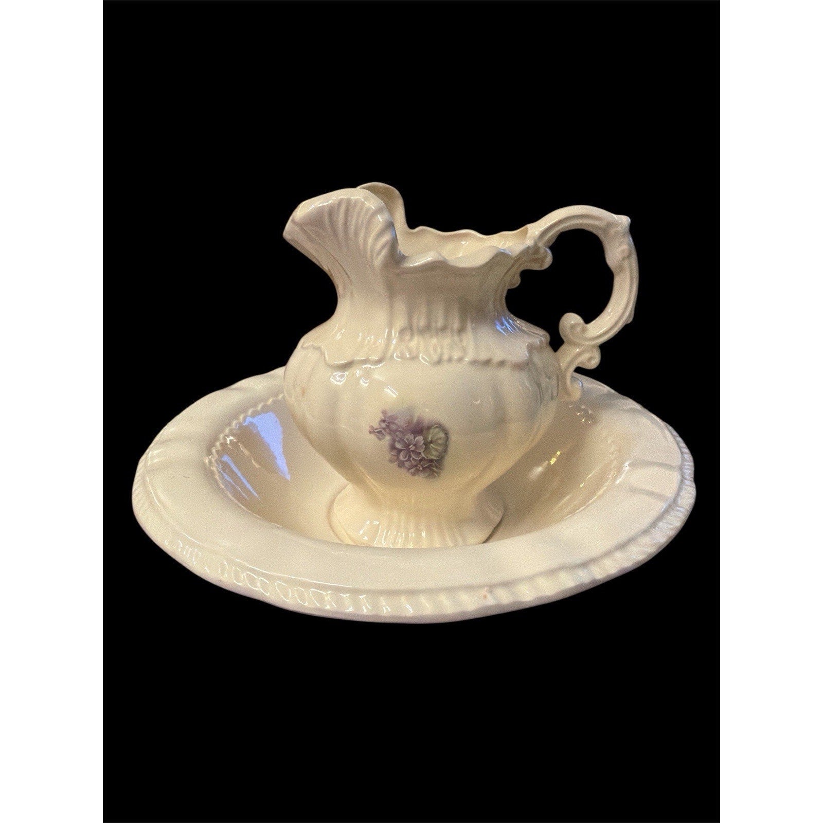 Vintage Arnel’s Pitcher and Basin Set Ivory Purple Floral USA Cottage Decor
