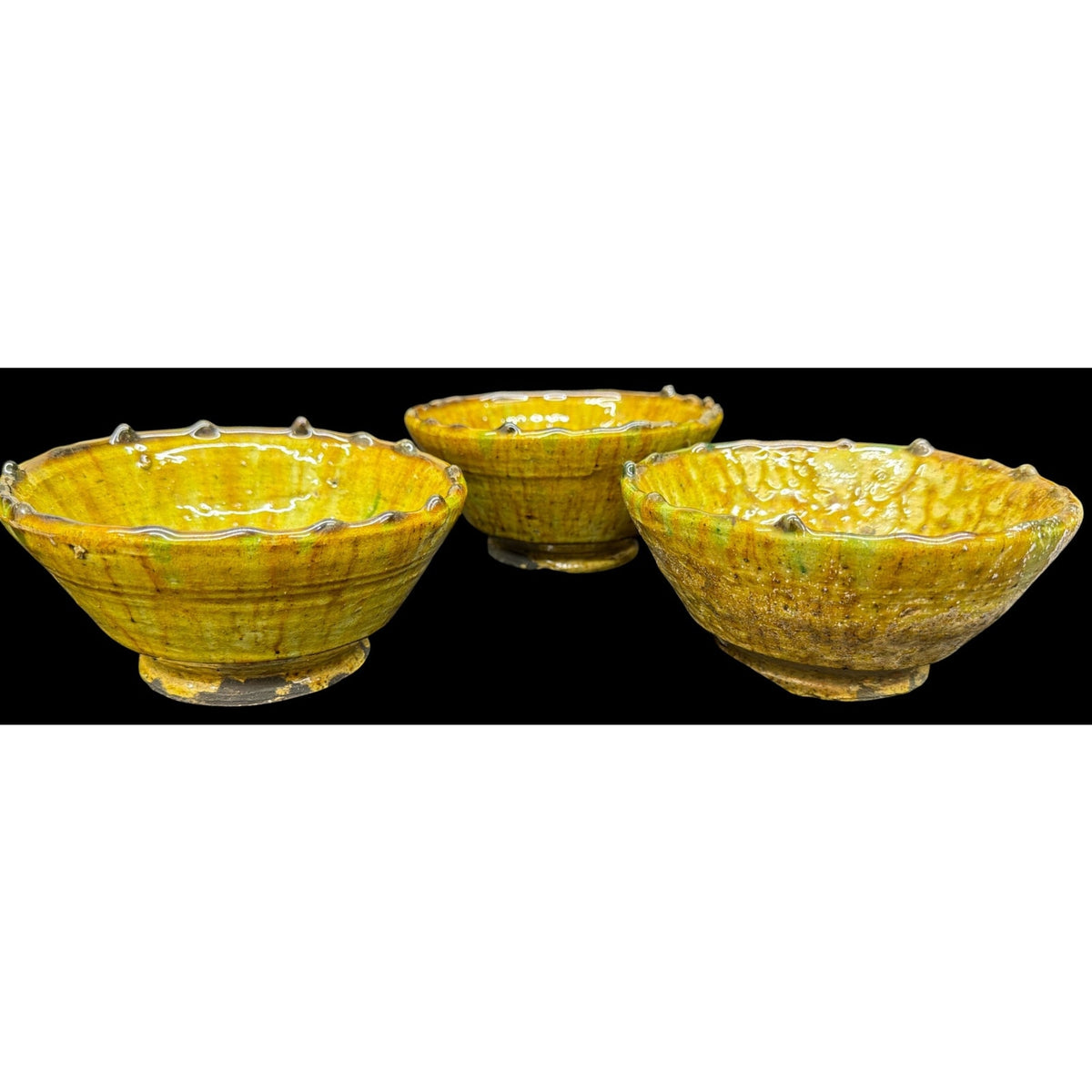 Vintage Tamegroute Ochre Bowls Set of 3 Moroccan Pottery Footed Bowls – additional view 2