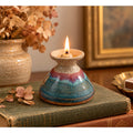 Salvaterra Pottery Miniature Oil Lamp Teal Raspberry Glaze Signed 3"