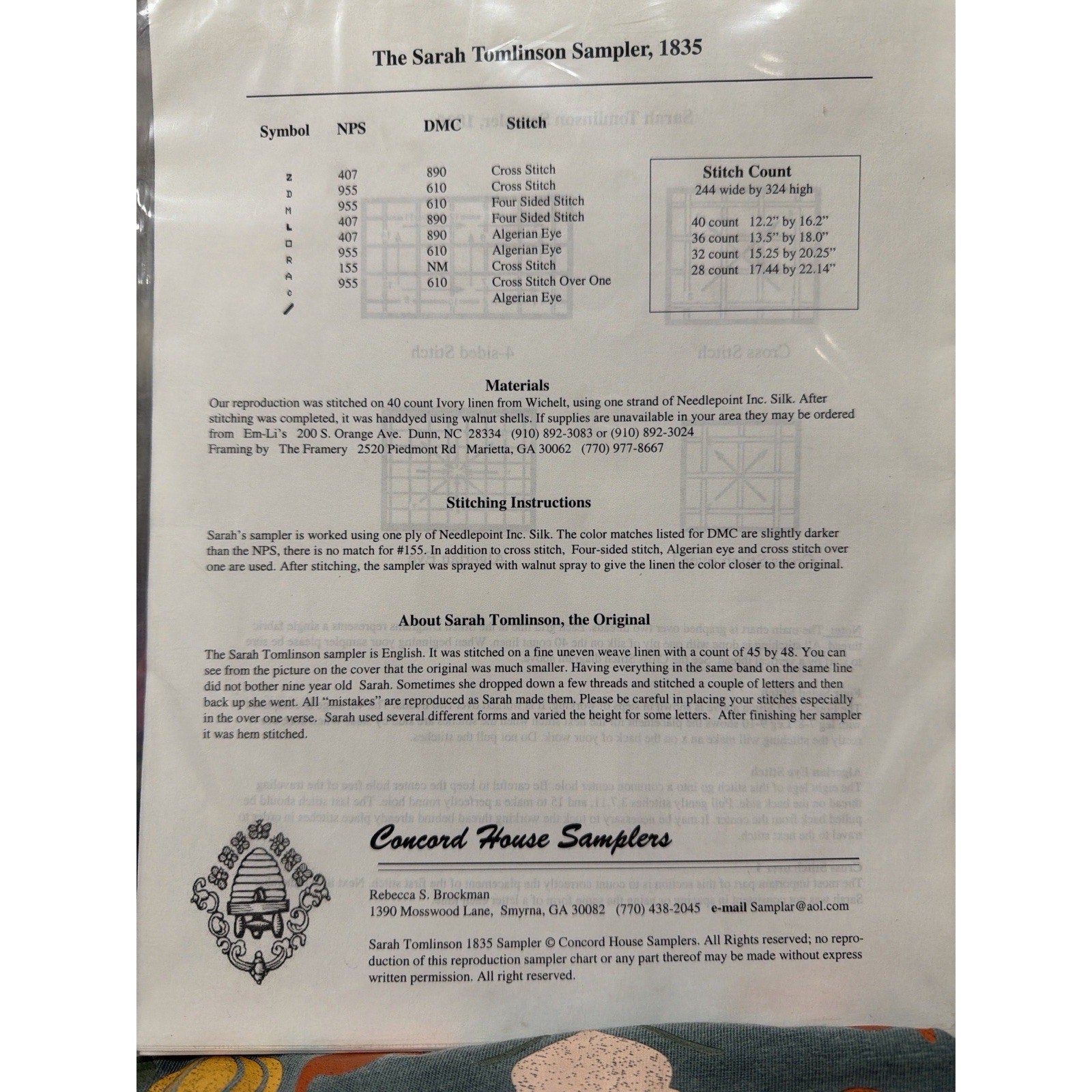 Concord House Sarah Tomlinson 1835 Pattern Cross Stitch