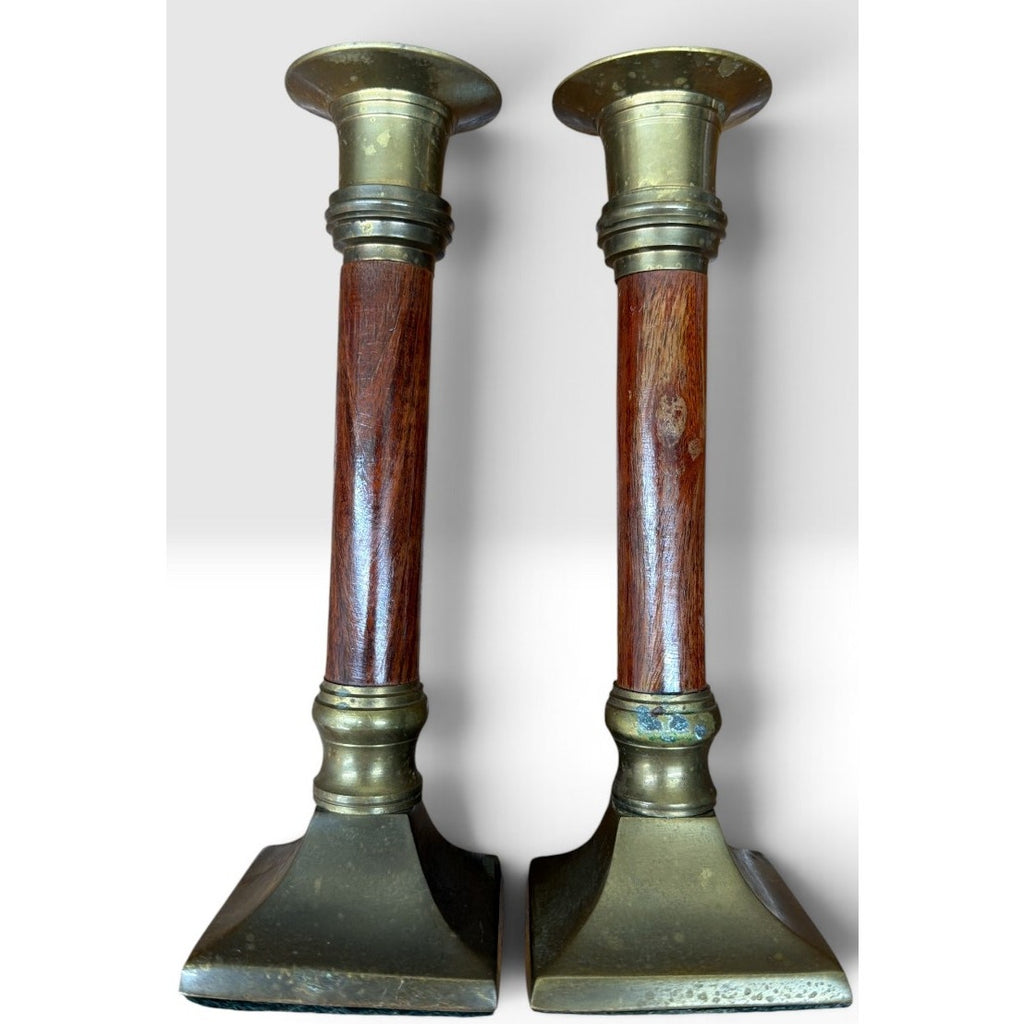 Vintage Brass Wood Candlestick Holders Pair Square Base 7.5 Inch – additional view 2