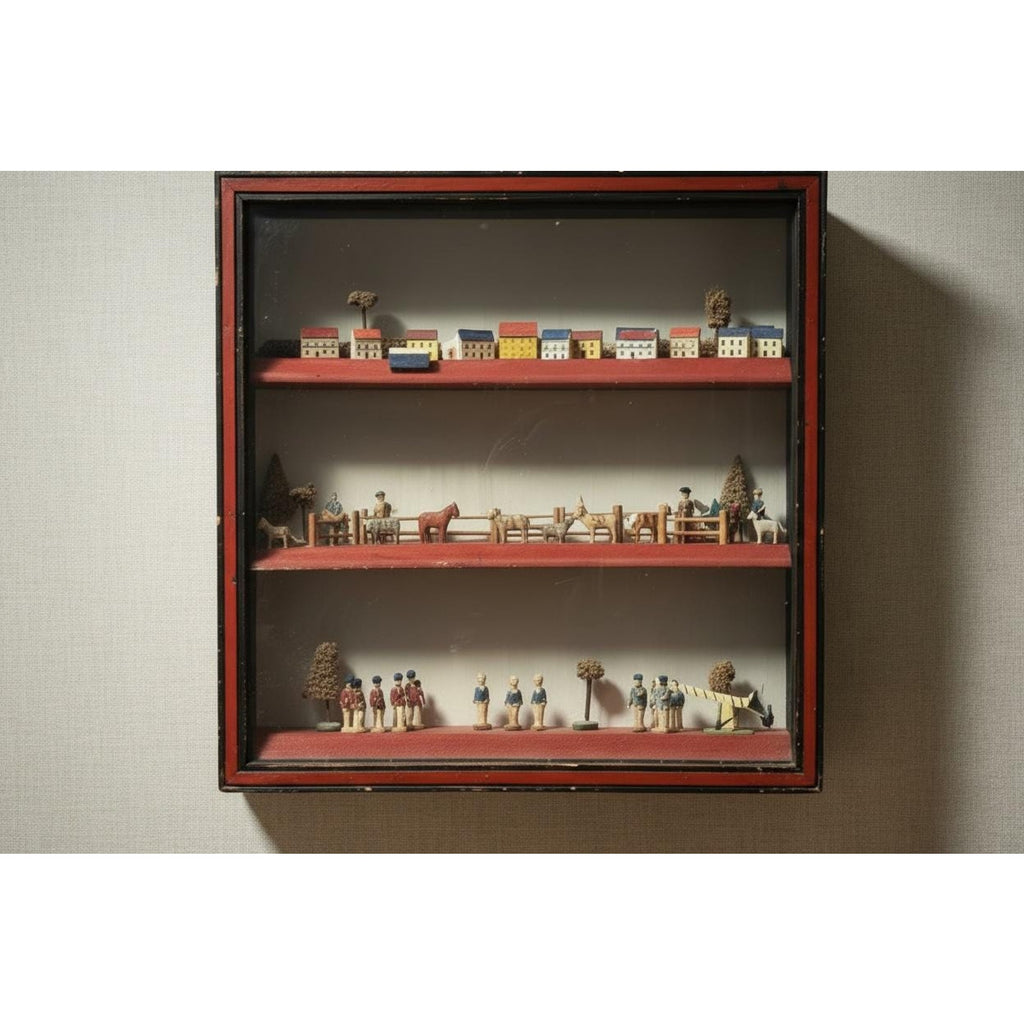Antique Alpine Folk Art Diorama Shadow Box Miniature Village 15” Wall Cabinet