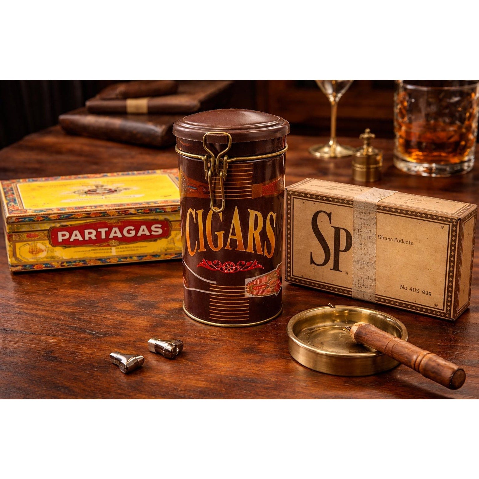 Vintage Cigar Box Decor Set Partagas Tin & Storage Boxes Man Cave Shelf Decor
