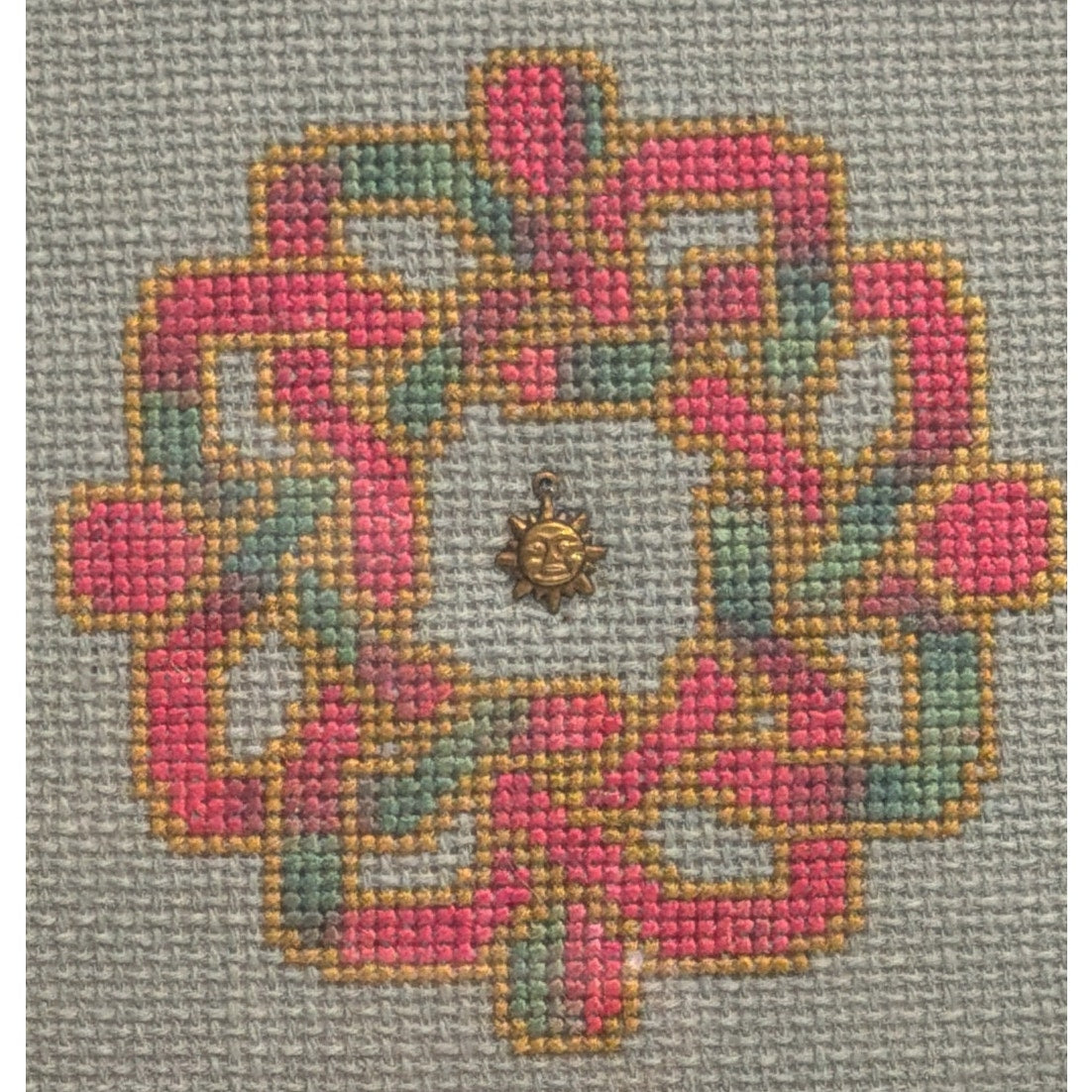 Handmade Framed Cross Stitch Art Geometric Knotwork Brass Sun Charm 7.25" – additional view 4