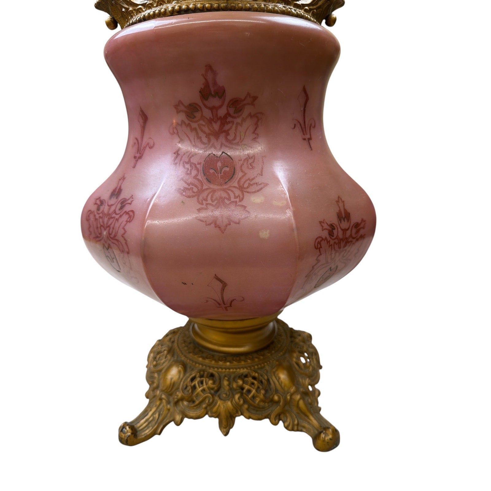 Antique Banquet Oil Lamp Pink Satin Glass Success Burner Floral Globe