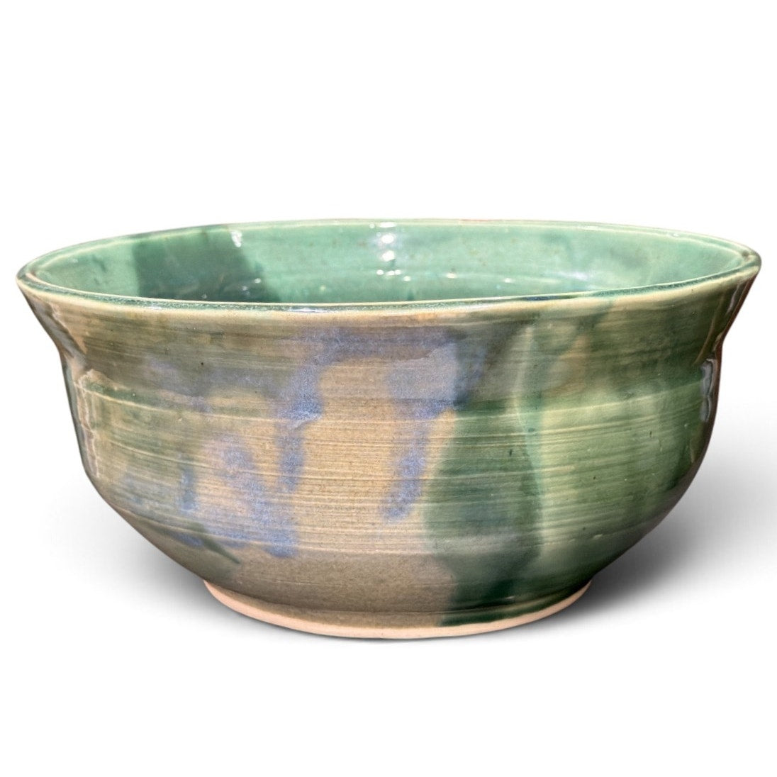 Vintage Studio Pottery Bowl Signed SM Green Blue Glaze Hand Thrown 8.25"