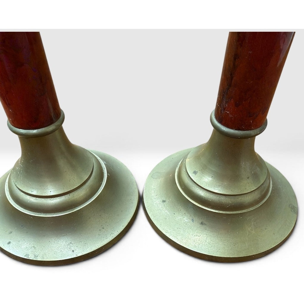 Vintage Brass Faux Marble Candlesticks Pair Red Taiwan R.O.C. 10 Inch – additional view 4