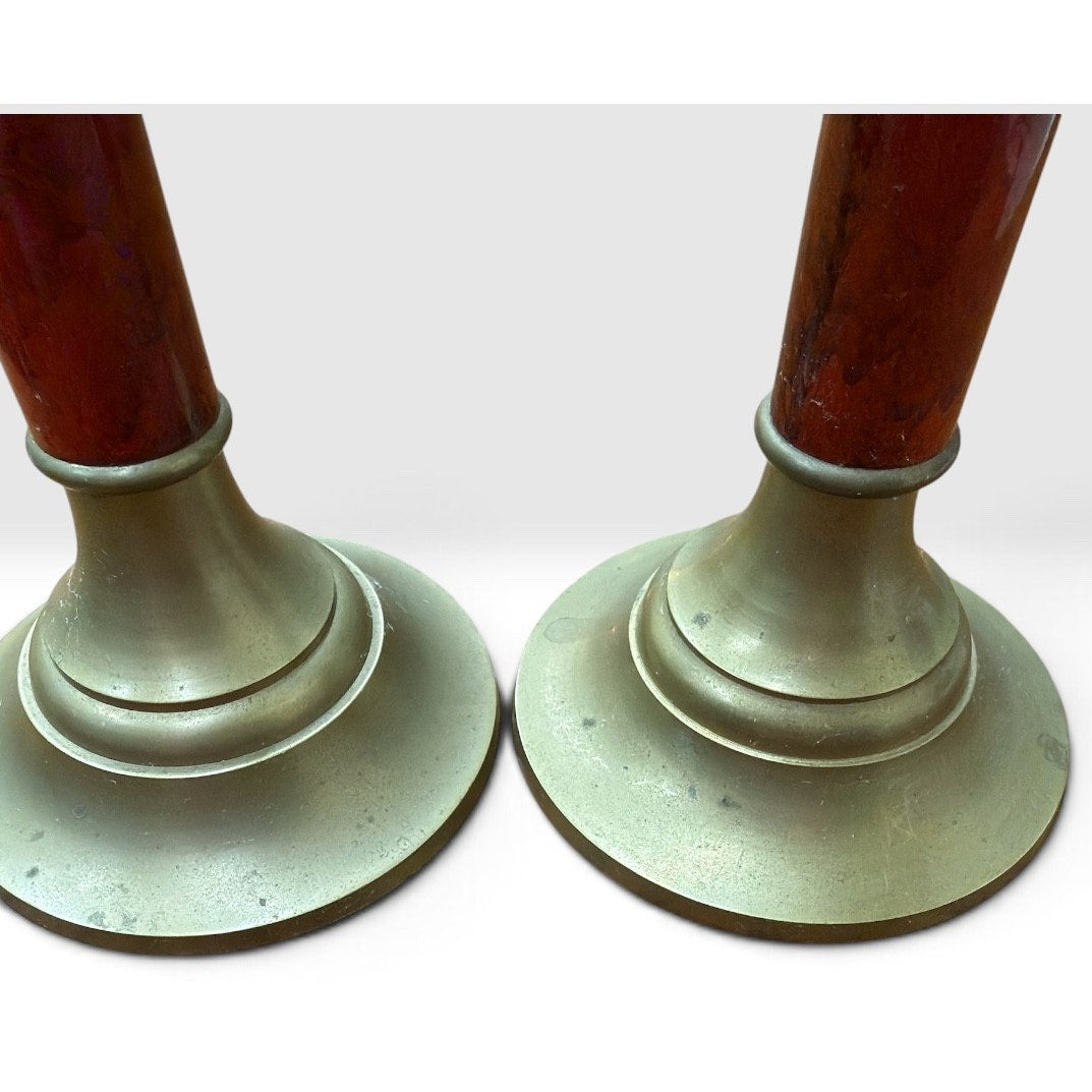 Vintage Brass Faux Marble Candlesticks Pair Red Taiwan R.O.C. 10 Inch – additional view 4
