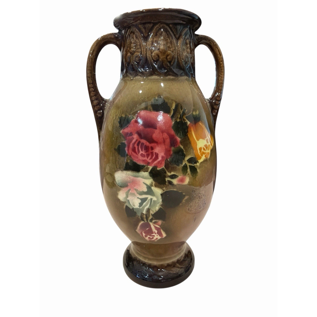 Vintage Belgian Pottery Rose Vase Double Handles Brown Glaze 8.5 Inch