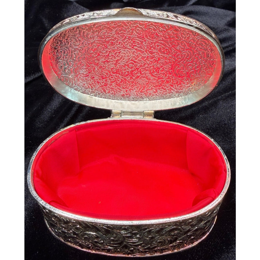 Vintage Silver Tone Jewelry Casket Red Satin Lined Oval Trinket Keepsake Box