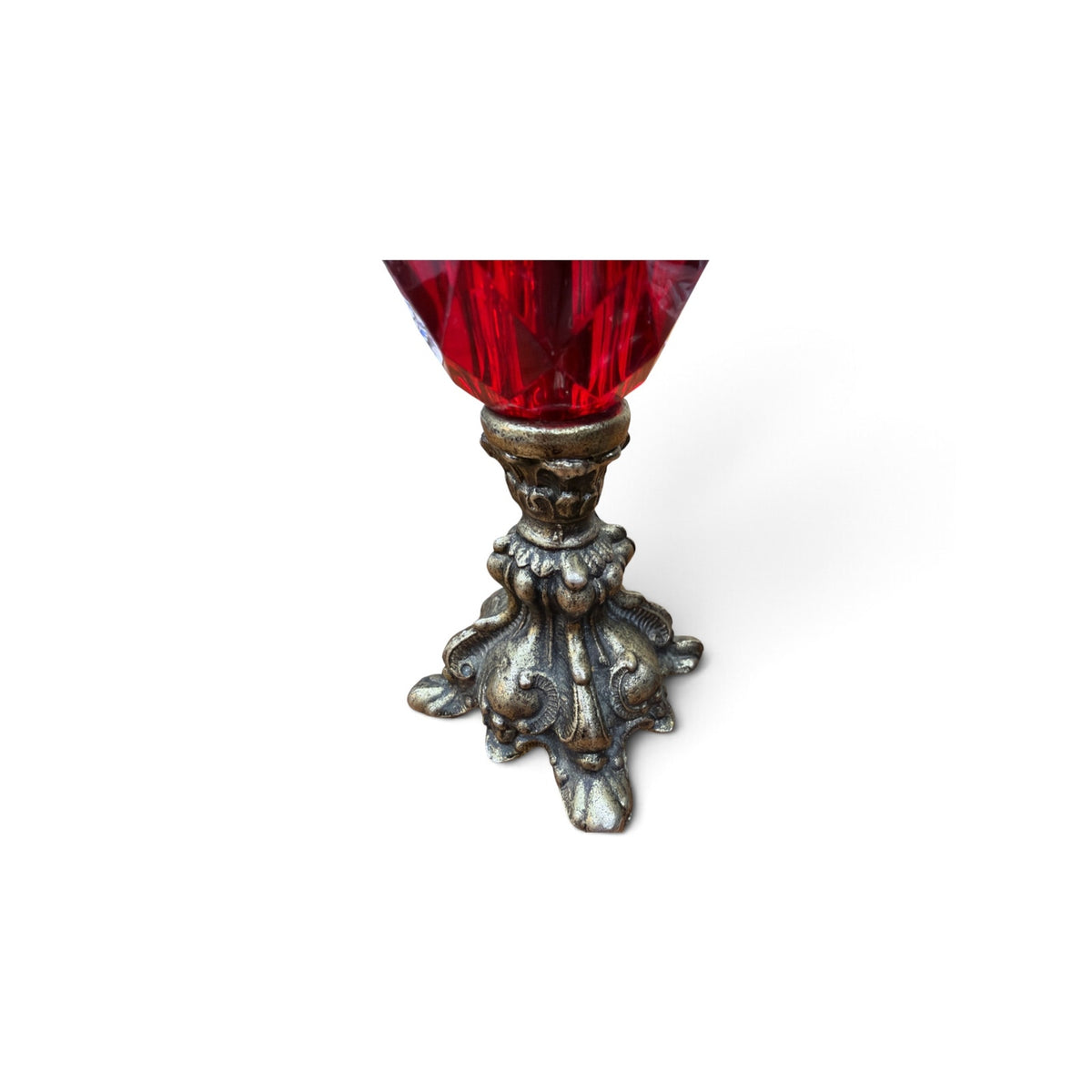 Vintage Red Lucite Candlestick Holders Pair Ornate Gold Tone Metal 8"