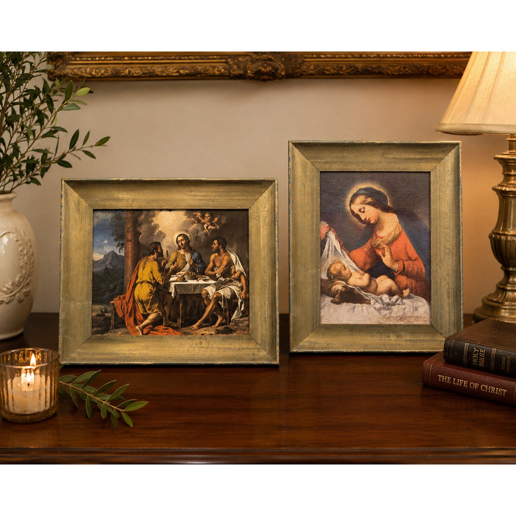 Pair of Vintage Framed Religious Prints Madonna Child & Supper at Emmaus