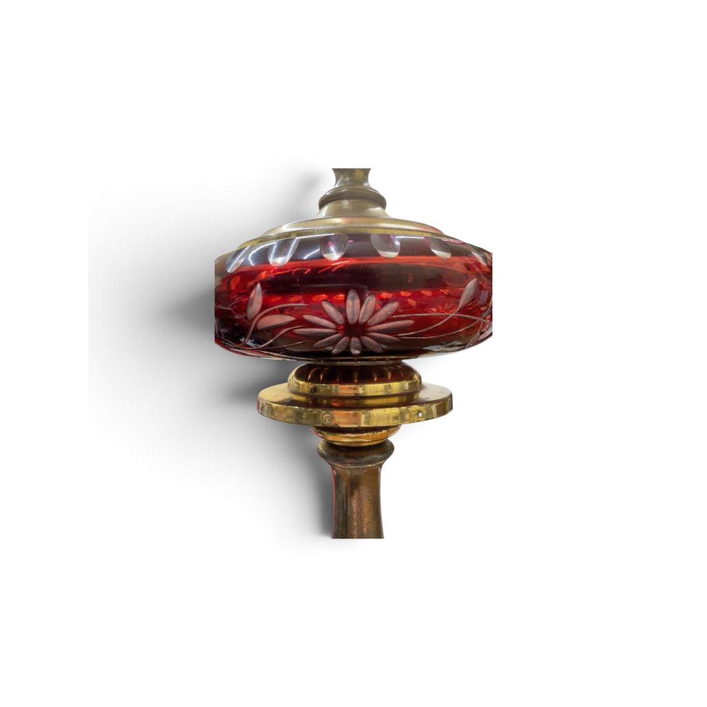 Pair Antique Victorian Ruby Cut Glass Lamps Brass Marble Bases 21.5"