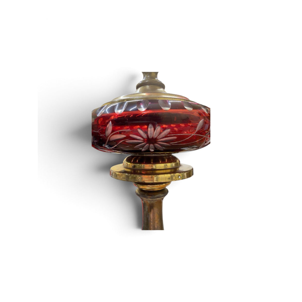 Pair Antique Victorian Ruby Cut Glass Lamps Brass Marble Bases 21.5"