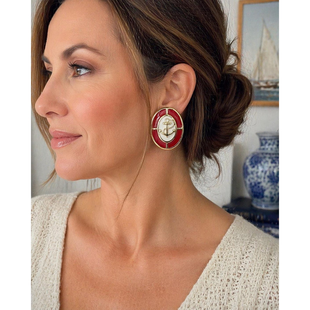Vintage Nautical Anchor Earrings: Red Enamel Gold Clip-On Statement Coastal