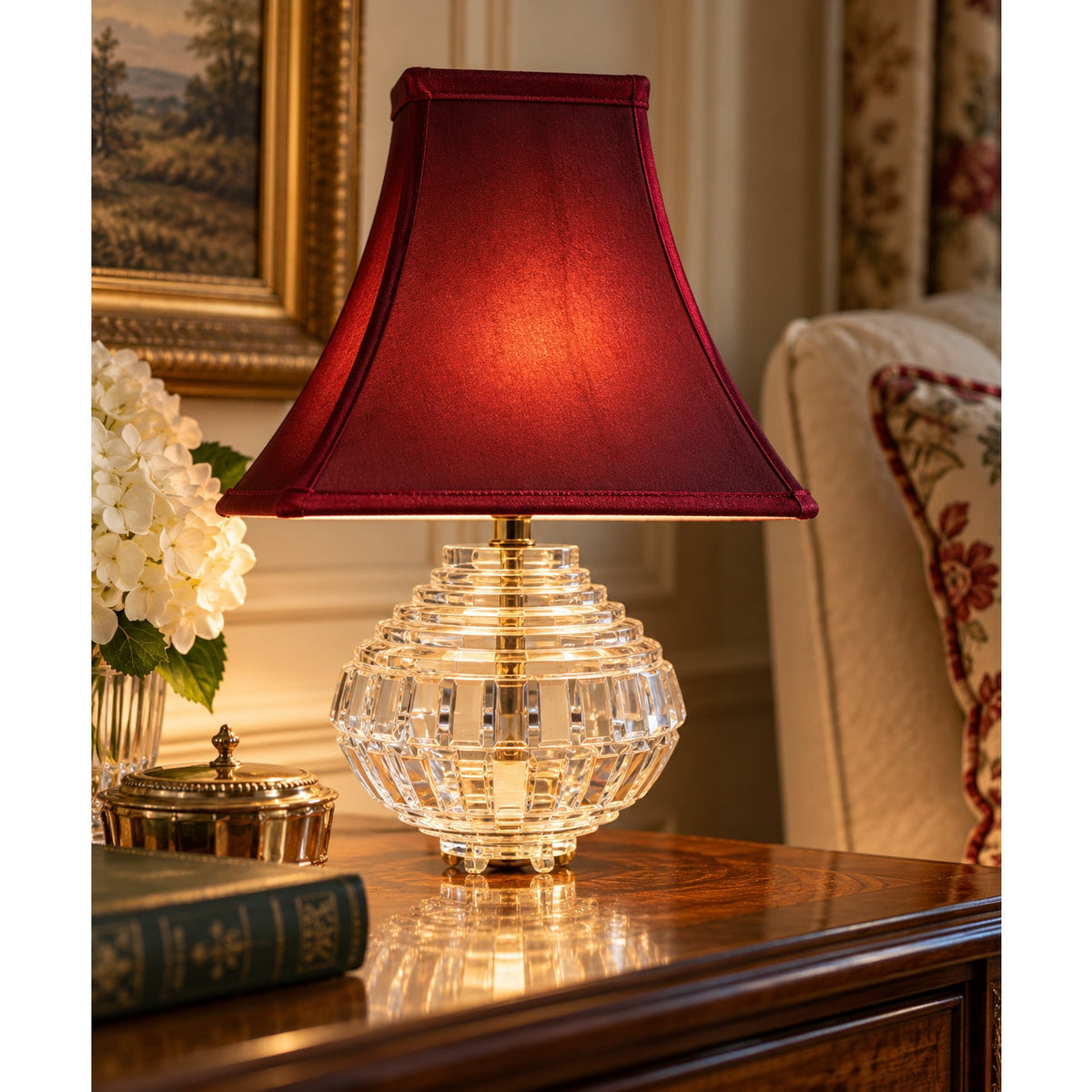 Vintage German Crystal Table Lamp Burgundy Silk Shade Hollywood Regency