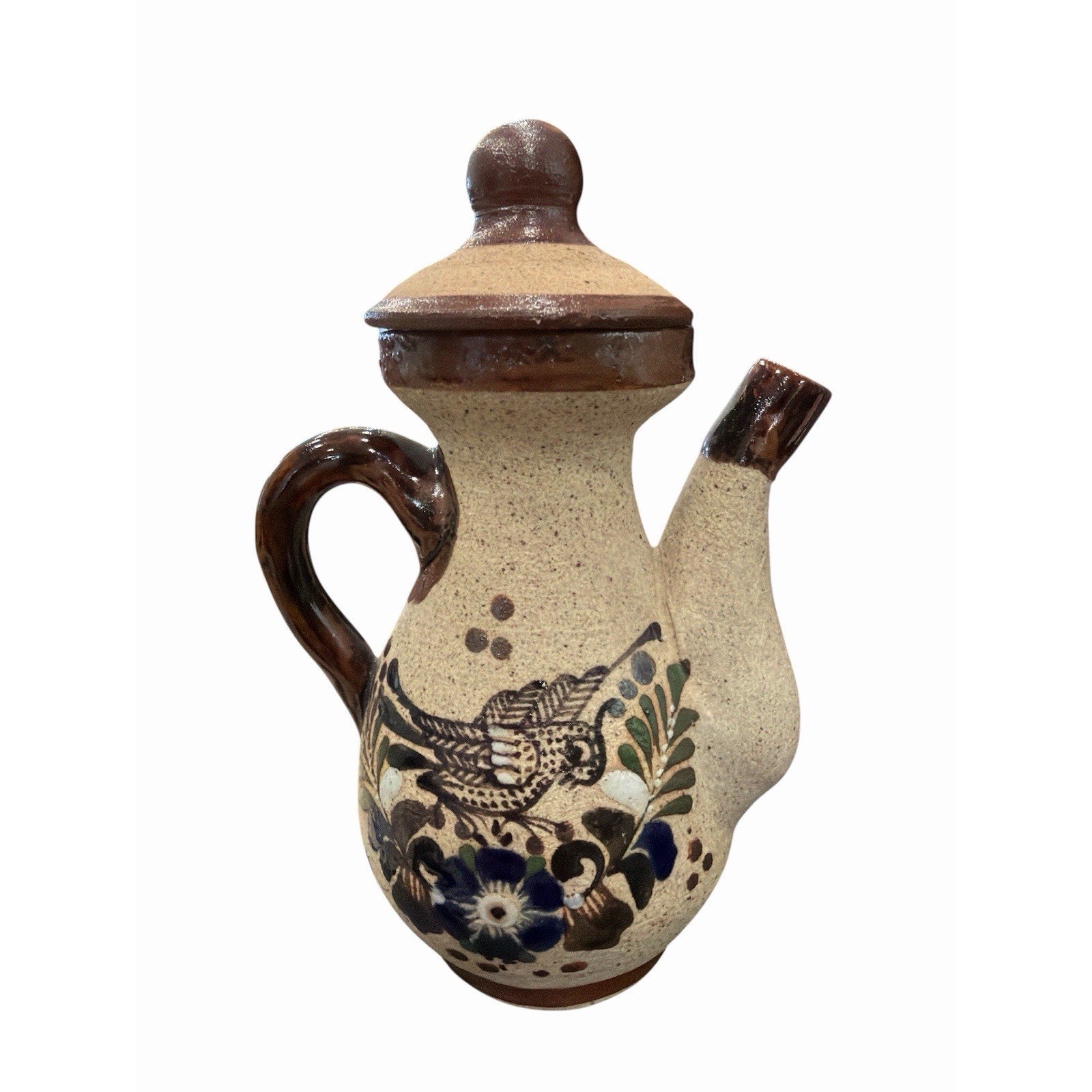 Vintage Mexican Folk Art Pottery Cruet Hand Painted Bird Oil Vinegar Pitcher