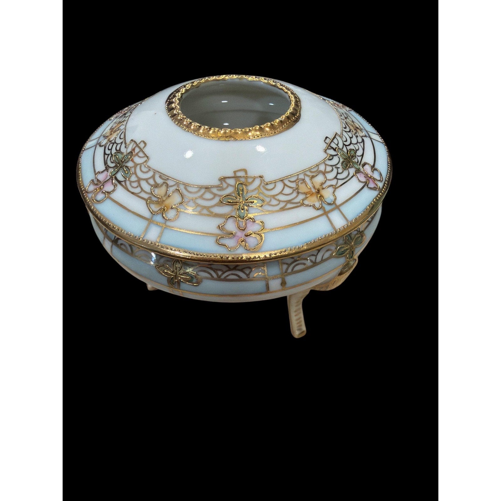 Antique Hand Painted Nippon Porcelain Vanity Jar: Gold Floral Trinket Box