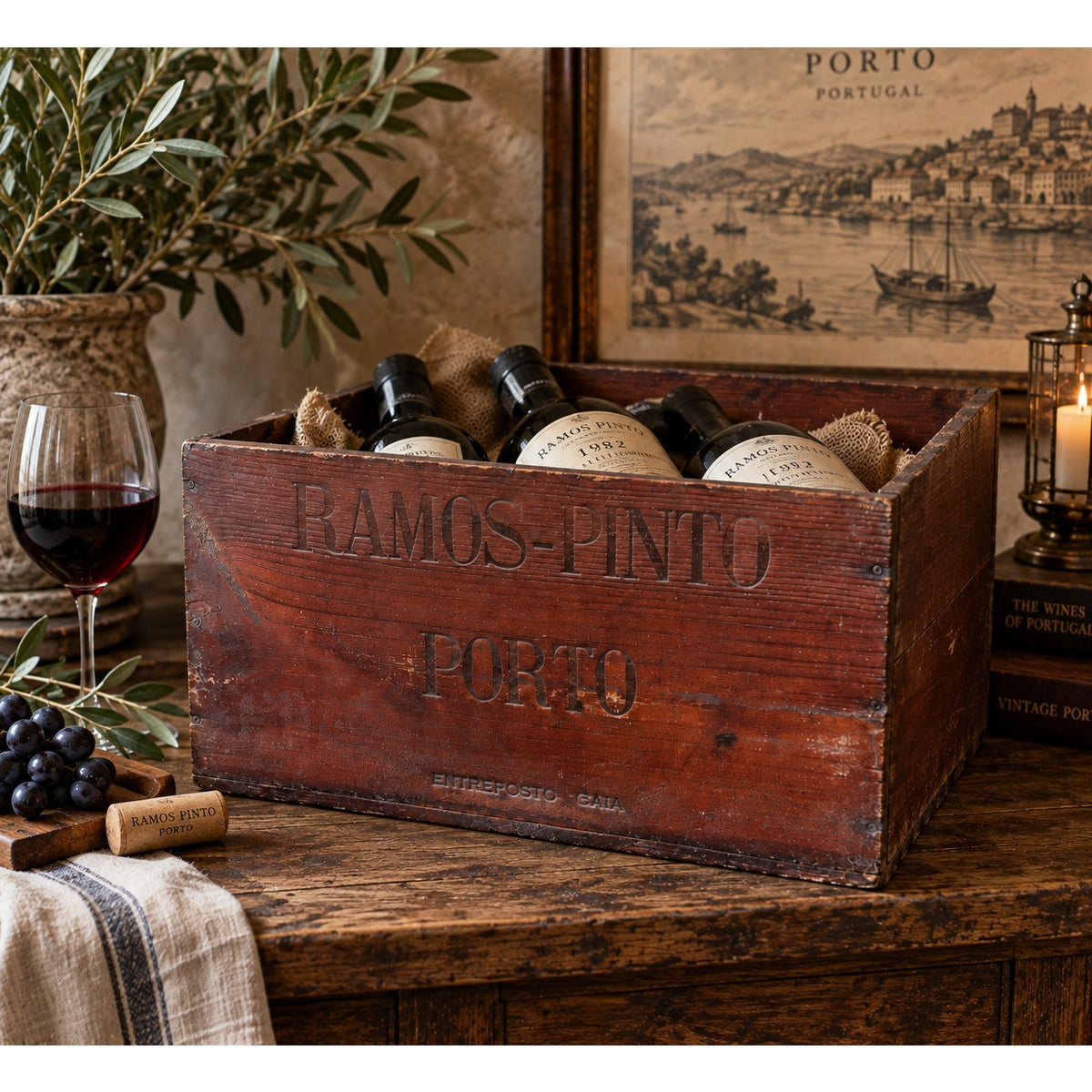 Vintage Ramos Pinto Porto Engraved Wooden Wine Crate Portugal 16 Inch – main view