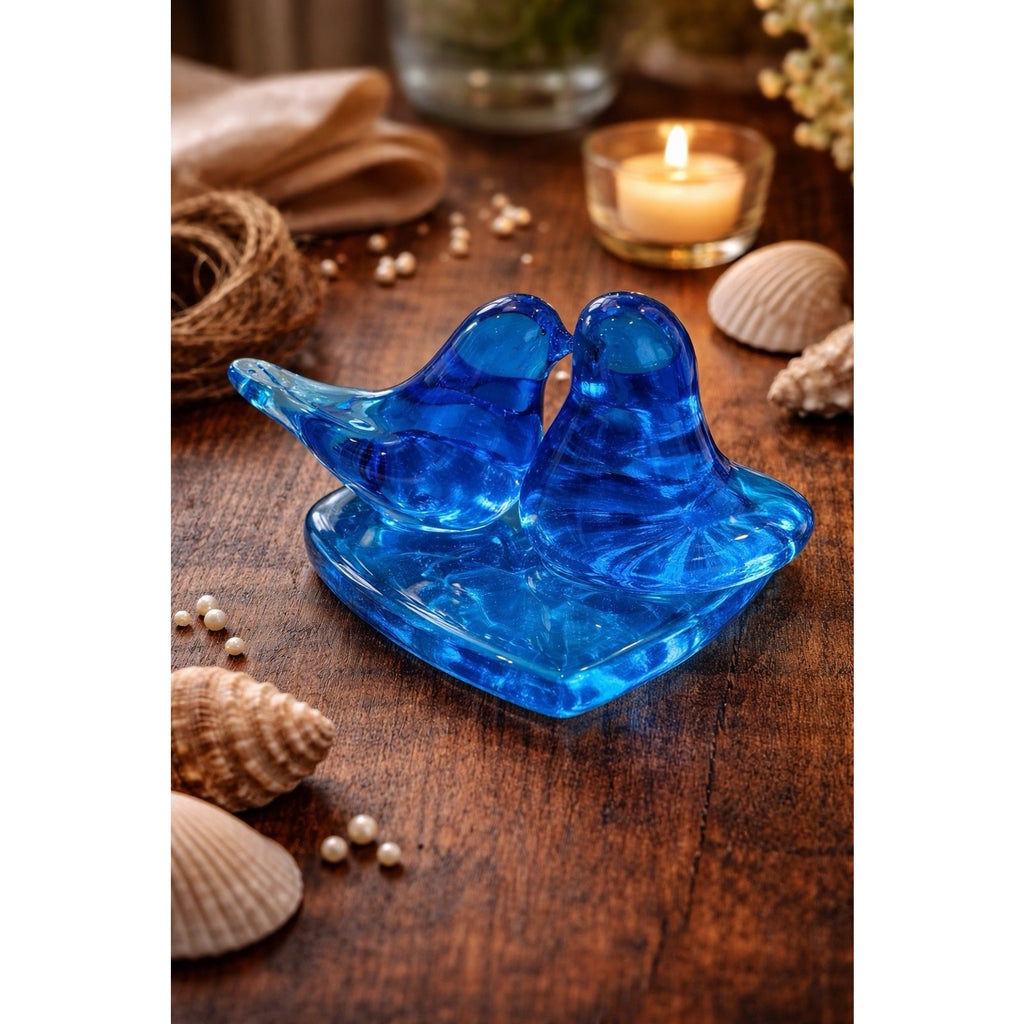 Leo Ward Signed '91 Glass Double Blue Birds Figure Happiness Heart Paperweight