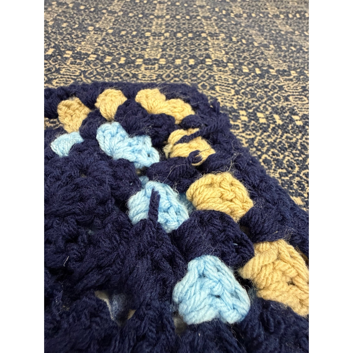 Handmade Crochet Patchwork Afghan Blanket Navy Blue Tan 45 x 45