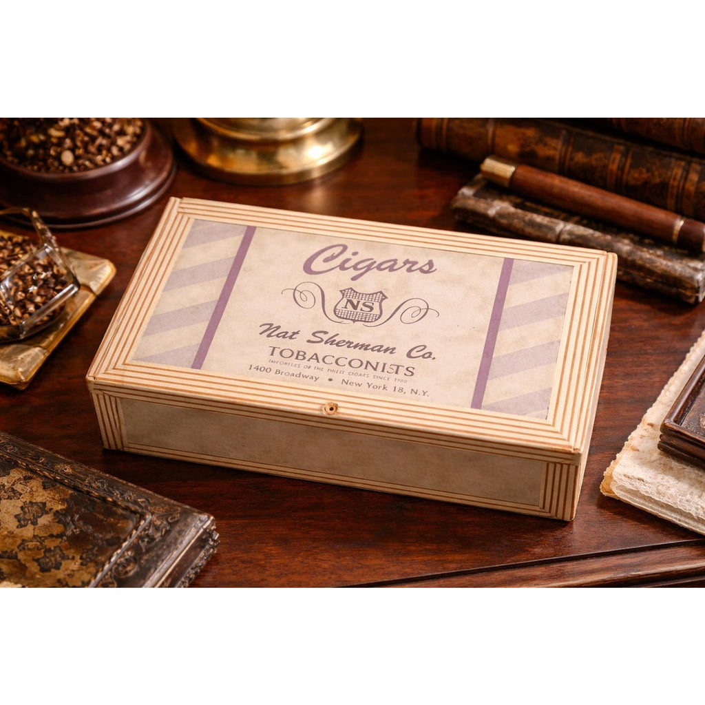 Vintage Nat Sherman Cigar Box Wood Churchill Double Claro Tobacciana