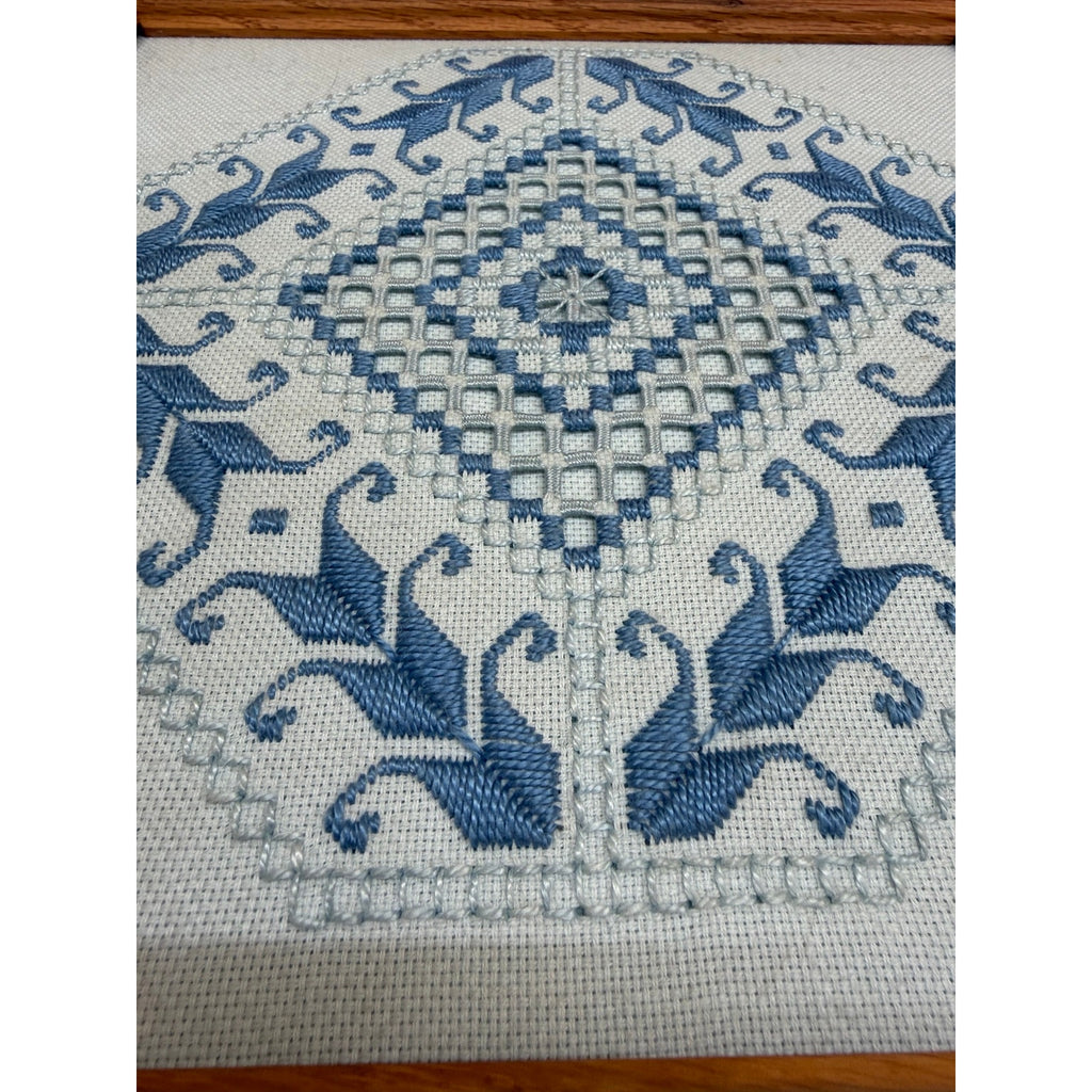 Vintage Hardanger Embroidery Blue White Needlework Oak Frame