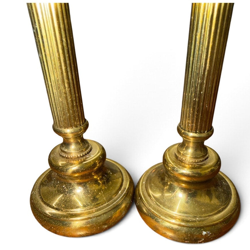 Vintage Solid Brass Candlesticks Pair 14” Tall Fluted Column Taper Holders