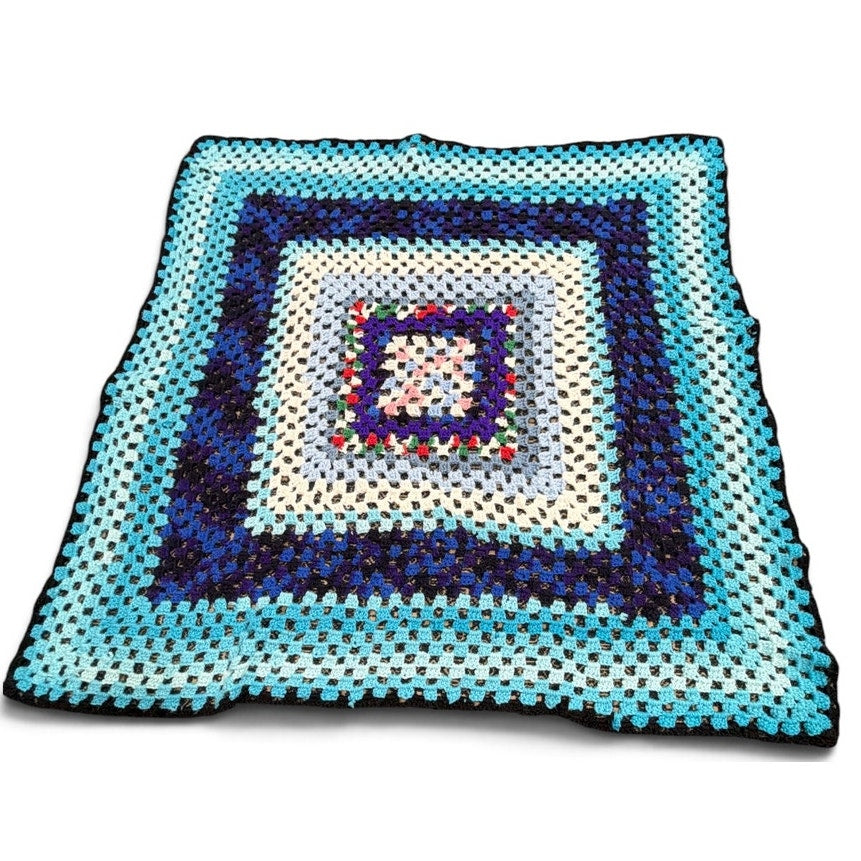 Vintage Crochet Afghan Blue Butterfly Granny Square Lap Throw 40 x 40