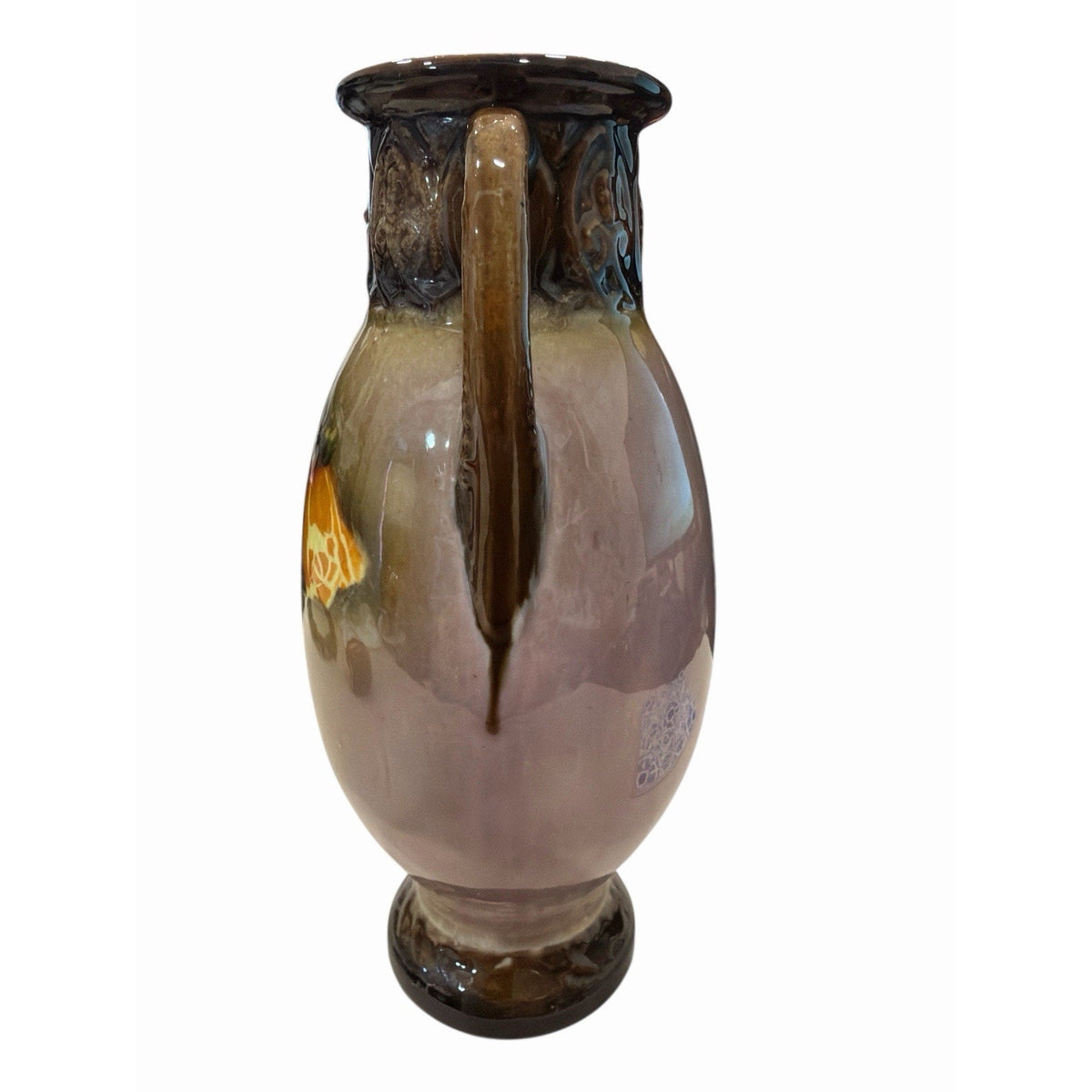 Vintage Belgian Pottery Rose Vase Double Handles Brown Glaze 8.5 Inch
