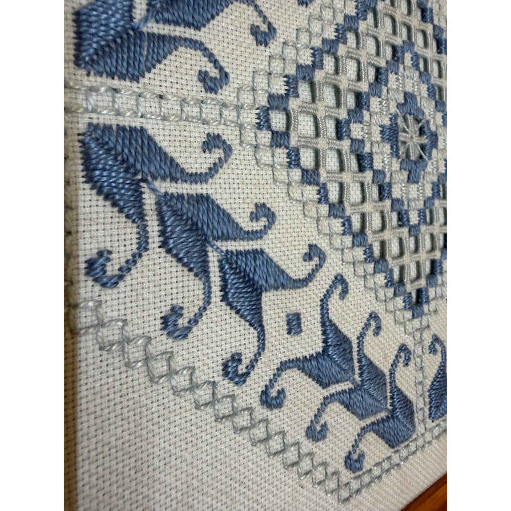 Vintage Hardanger Embroidery Blue White Needlework Oak Frame