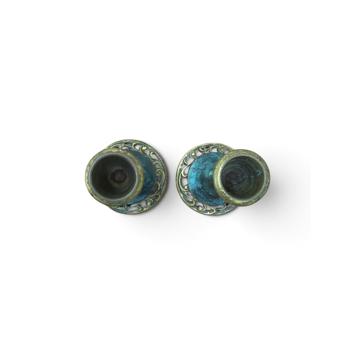 Vintage Oppenheim Israel Brass Candlesticks Turquoise Enamel Judaica Pair