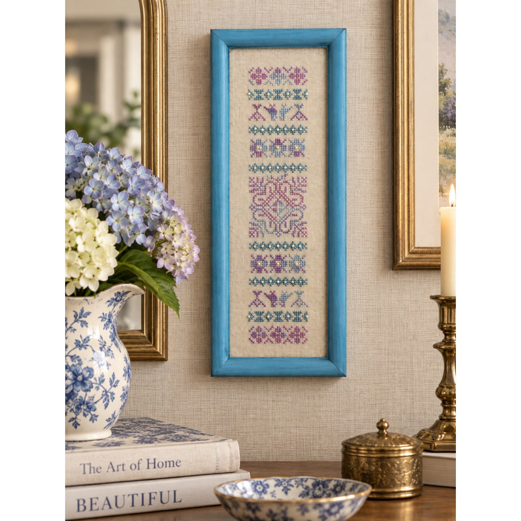 Vintage Earth Threads Morning Light Sampler Cross Stitch Beaded Framed – main view