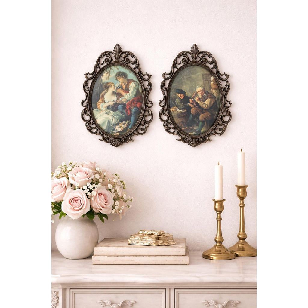 Set of 2 Vintage Italian Wall Plaques: Baroque Metal Frames, Rococo Art