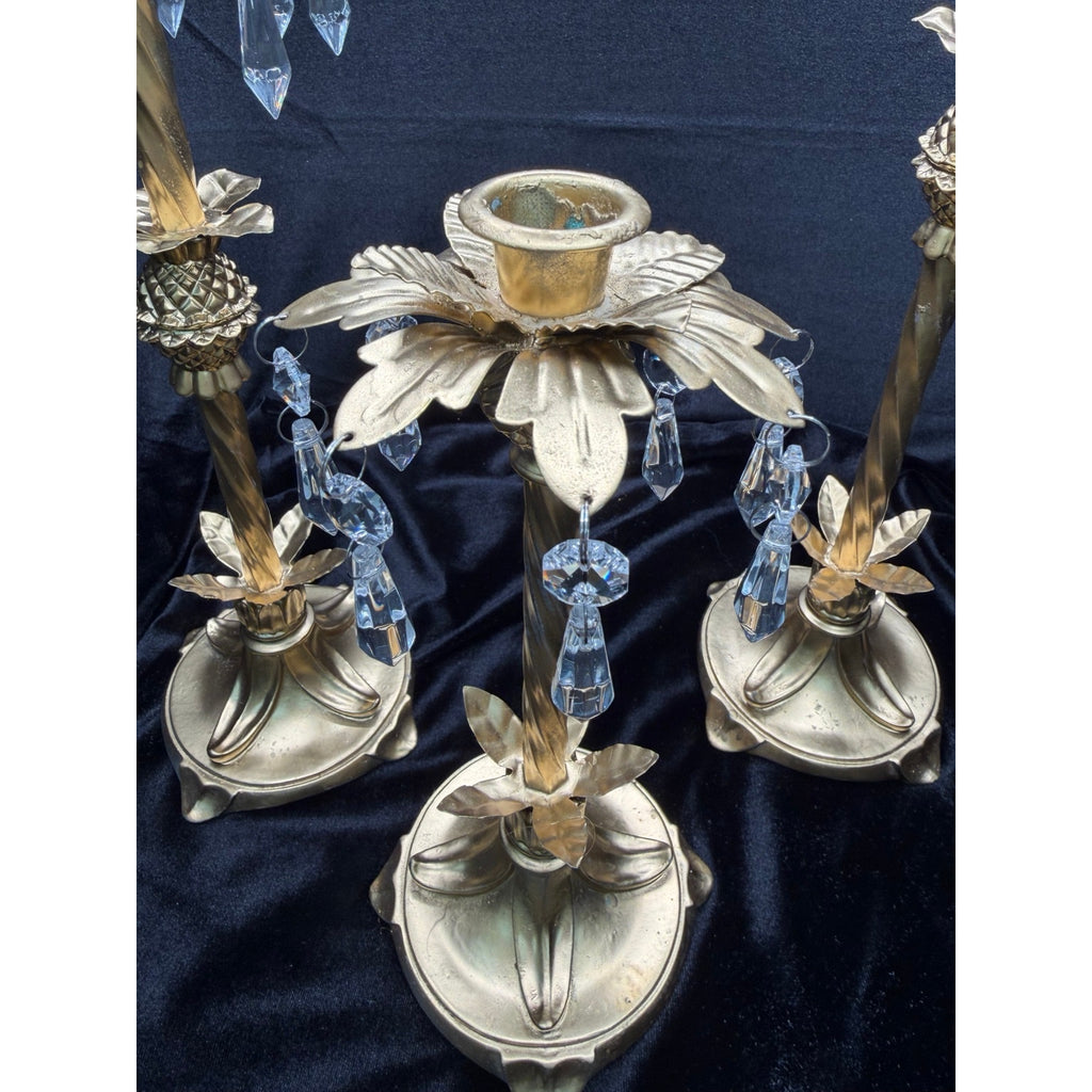 Hollywood Regency Crystal Prism Candlestick Set Gold Floral Candle Holders