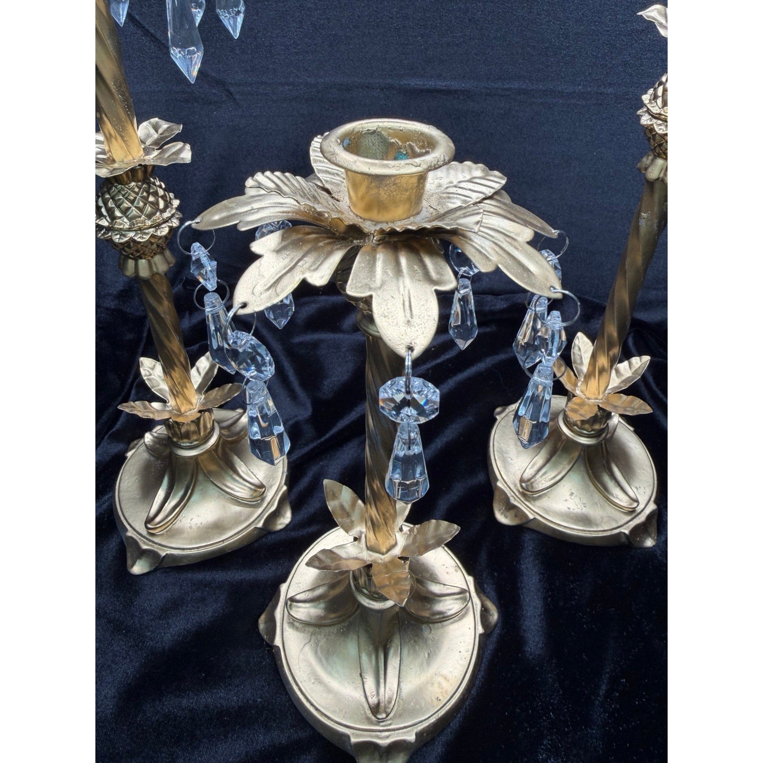 Hollywood Regency Crystal Prism Candlestick Set Gold Floral Candle Holders